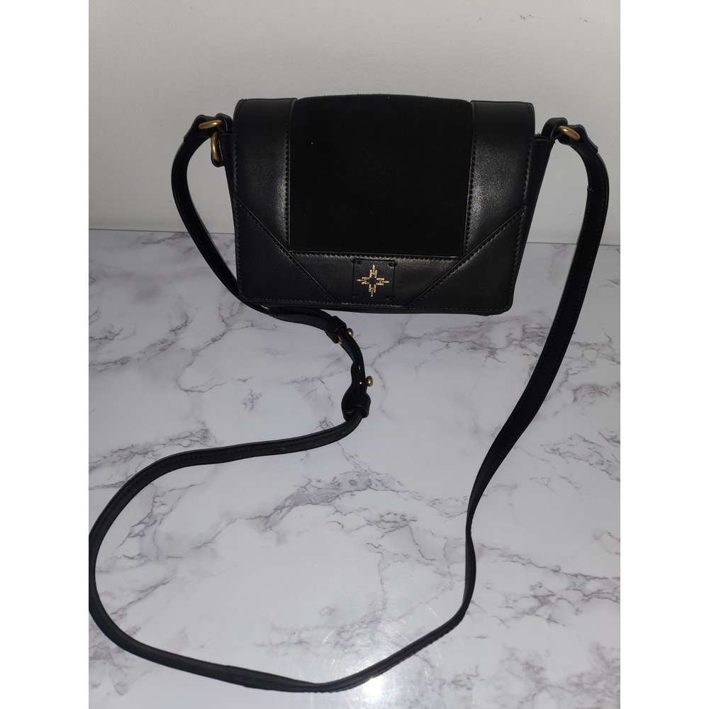 India Hicks The Lady P Crossbody Bag Black Leather Suede Gold Logo Flap Purse